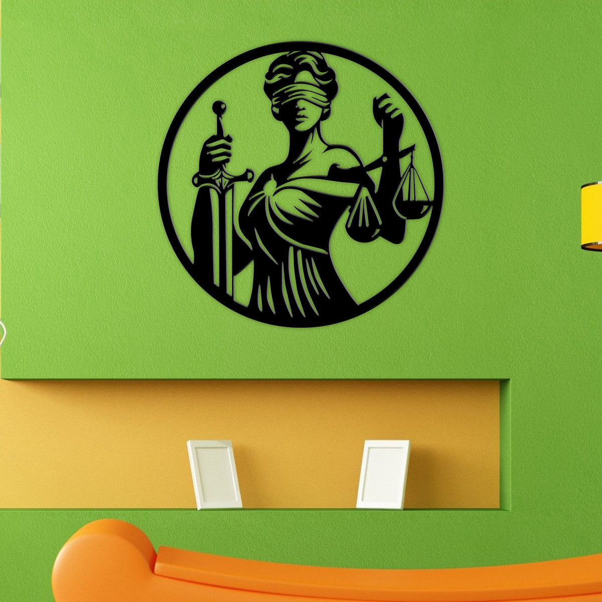 Lady Justice Metal Wall Art with LED Lights, Law Office Decor