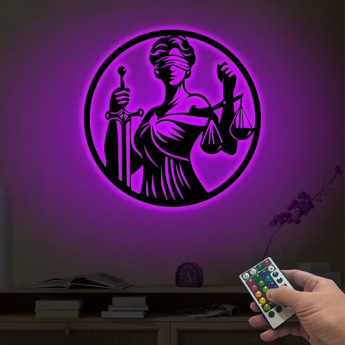 Lady Justice Metal Wall Art with LED Lights, Law Office Decor