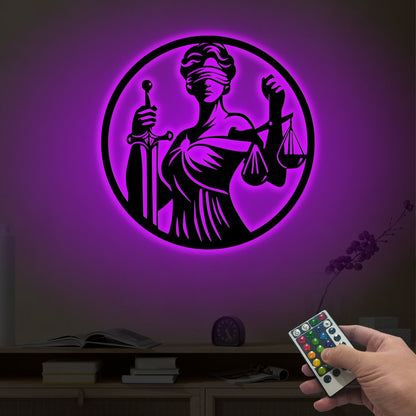 Lady Justice Metal Wall Art with LED Lights, Law Office Decor