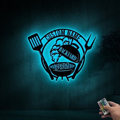 Personalized BBQ Metal Sign with LED Lights, Custom Backyard Decor