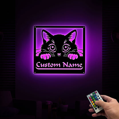Personalized Cat Metal Sign with LED Lights, Custom Name Wall Decor