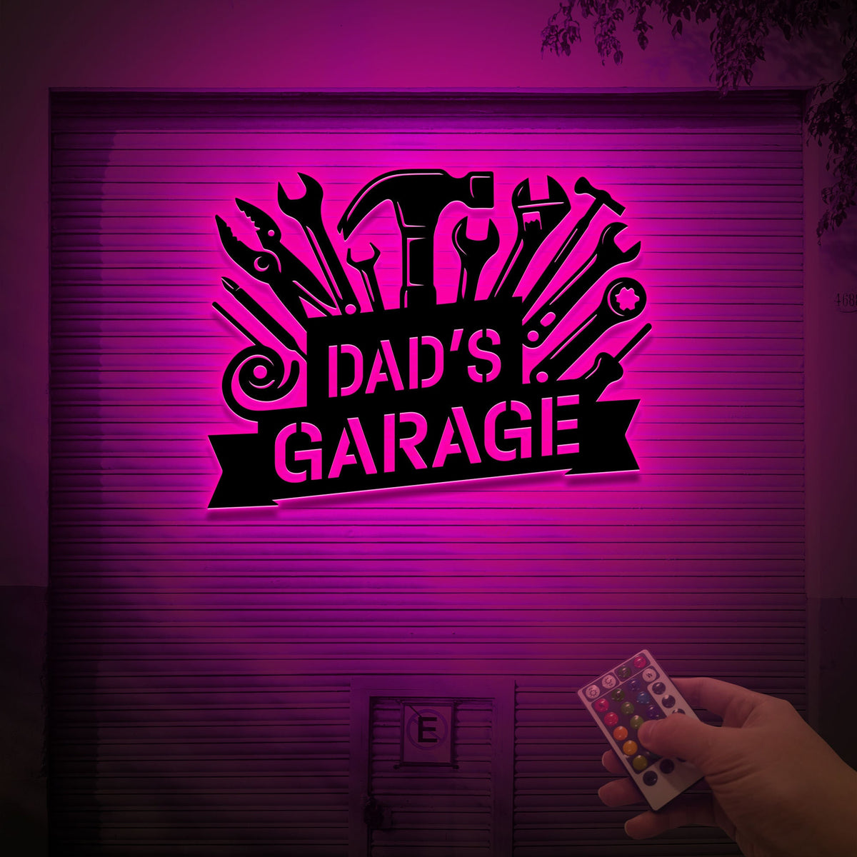 Personalized Dad's Garage Metal Sign, LED Light, Workshop Wall Art