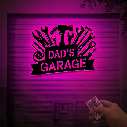 Personalized Dad's Garage Metal Sign, LED Light, Workshop Wall Art