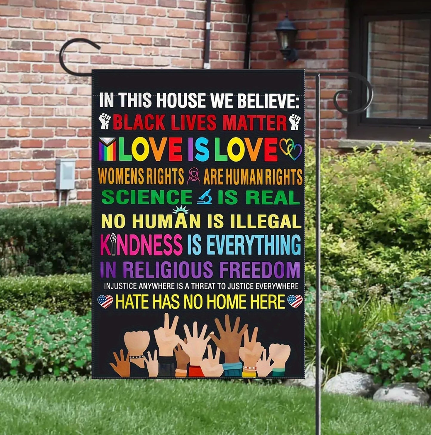 In This House We Believe Love is Love Flag, Embracing Black Pride, Science, Feminism & Kindness, Hate Has No Home Here Flag, BLM Flag