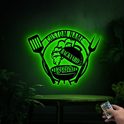 Personalized BBQ Metal Sign with LED Lights, Custom Backyard Decor