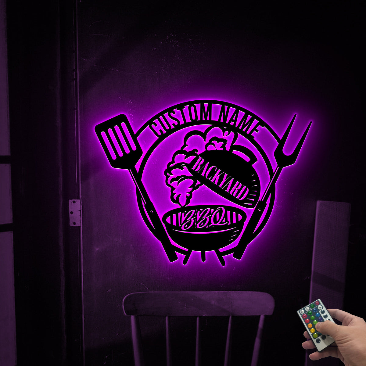 Personalized BBQ Metal Sign with LED Lights, Custom Backyard Decor