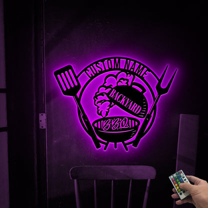 Personalized BBQ Metal Sign with LED Lights, Custom Backyard Decor