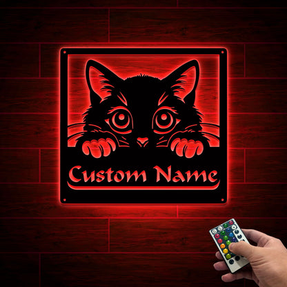 Personalized Cat Metal Sign with LED Lights, Custom Name Wall Decor