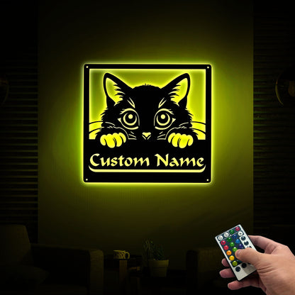 Personalized Cat Metal Sign with LED Lights, Custom Name Wall Decor