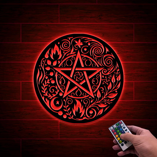 Wiccan Pentagram Metal Sign with LED Light, Gothic Home Decor