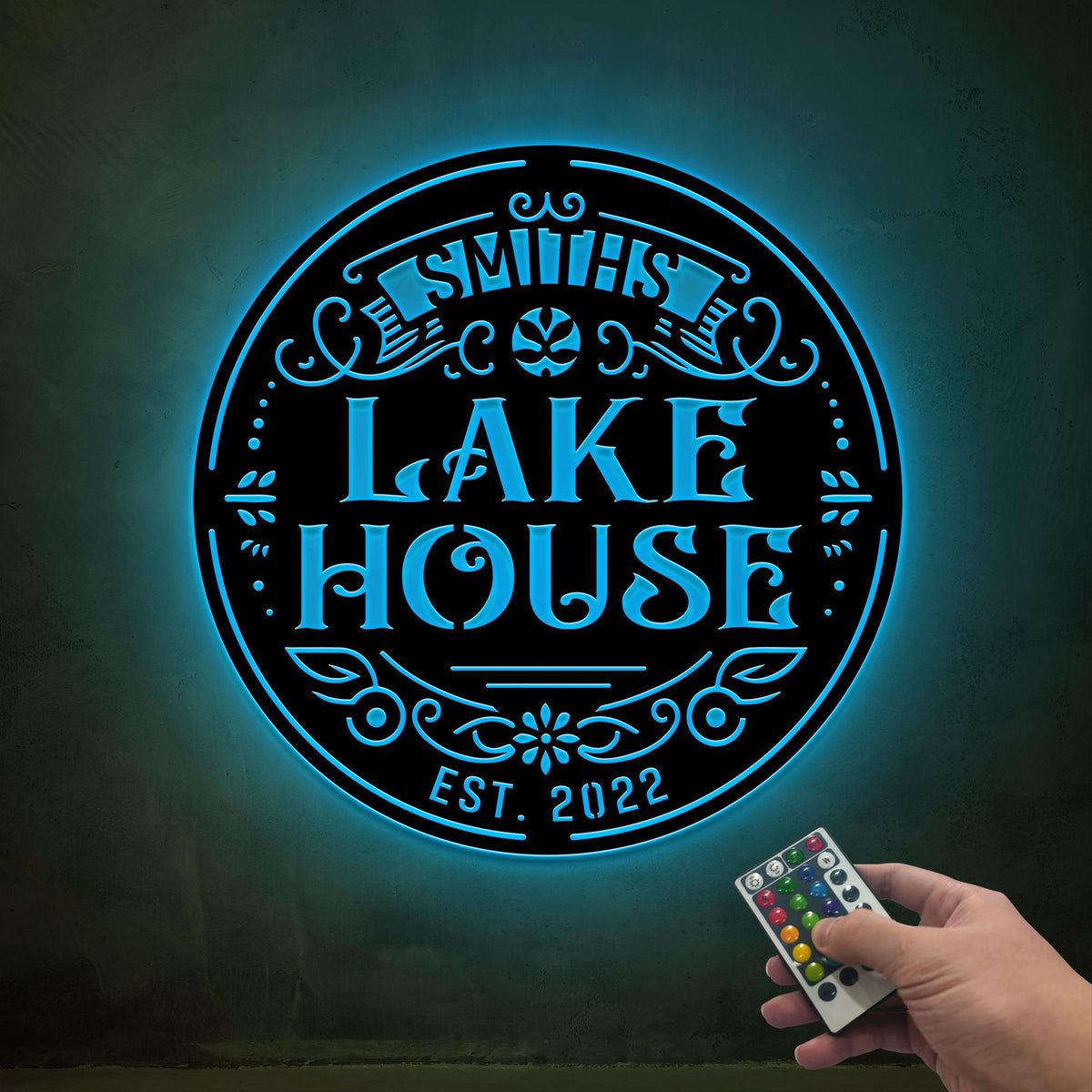Custom Lake House Metal Art, LED Family Name Sign