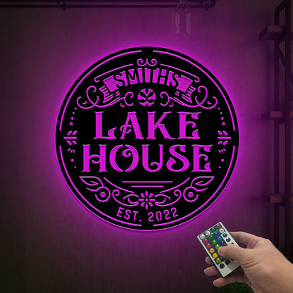 Custom Lake House Metal Art, LED Family Name Sign