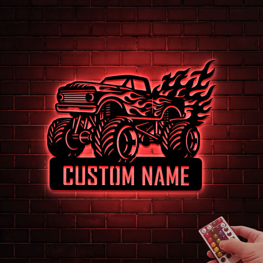 Custom Monster Truck Metal Wall Art, LED Personalized Name Sign