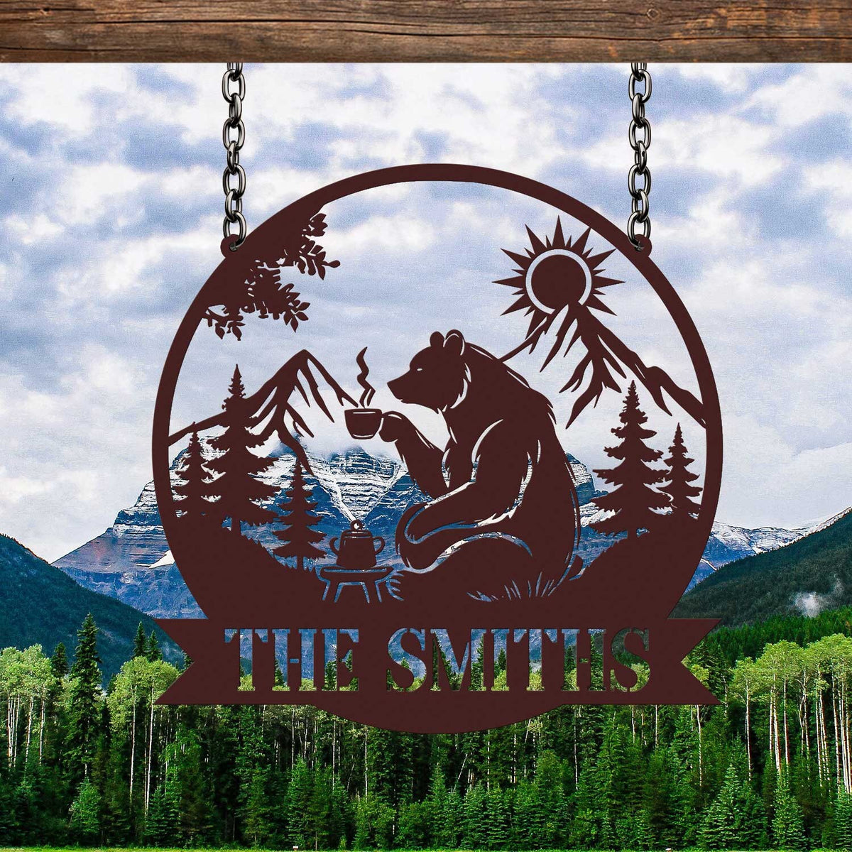 Metal Bear Cabin Sign Personalized, Bear & Coffee Sign, Cabin Decor, Lodge Decor, Outdoor Sign, Bear Decor, Gift for Dad, Man Cave Sign
