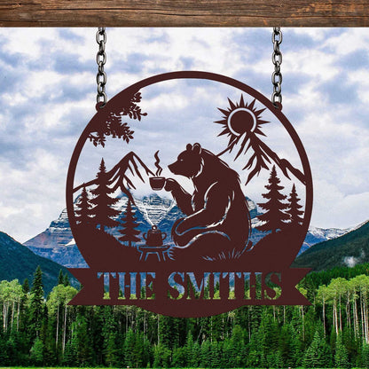 Metal Bear Cabin Sign Personalized, Bear & Coffee Sign, Cabin Decor, Lodge Decor, Outdoor Sign, Bear Decor, Gift for Dad, Man Cave Sign