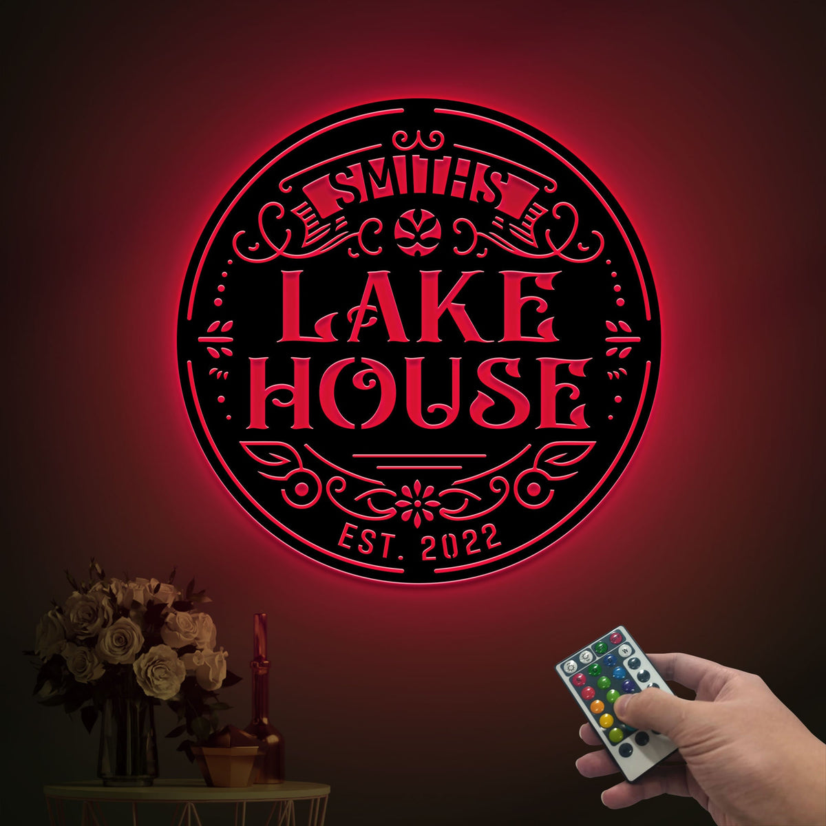 Custom Lake House Metal Art, LED Family Name Sign