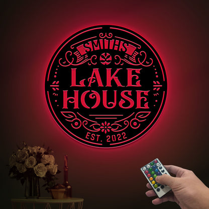 Custom Lake House Metal Art, LED Family Name Sign