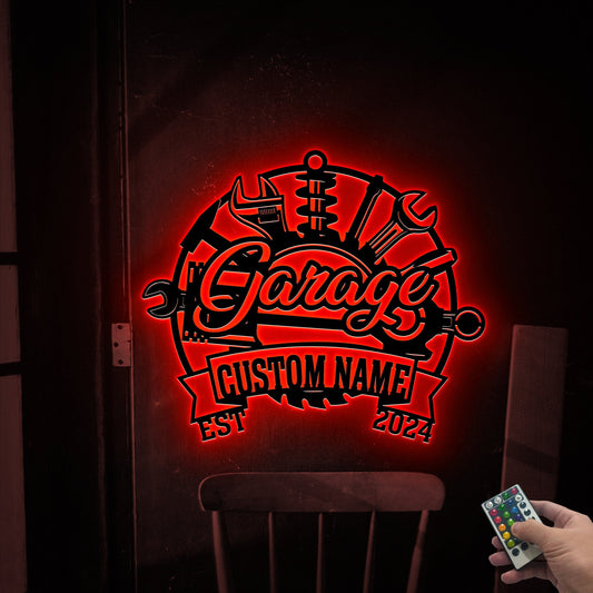 Custom Metal Garage Sign with LED Lights, Personalized Wall Art