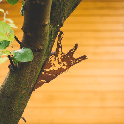 Hanging Squirrel Tree Decor | Handmade Corten Steel Garden Decoration | Gift for Nature Lovers | Rustic Charm | Garden Figurines for Grandma