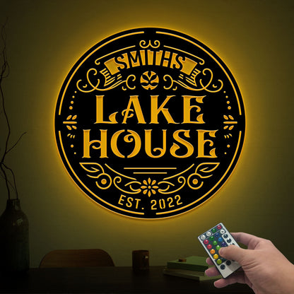 Custom Lake House Metal Art, LED Family Name Sign