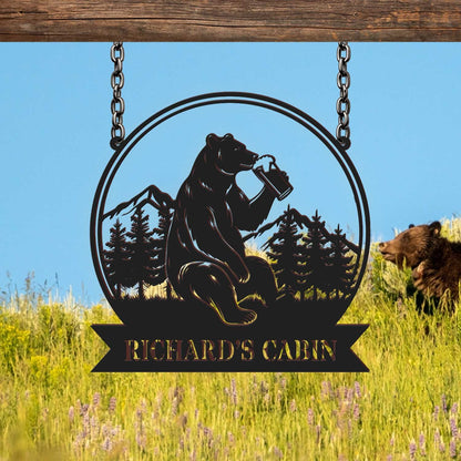 Custom Bear Beer Cabin Metal Sign, Bear Drinking Beer Sign, Cabin Decor, Lodge Decor, Outdoor Sign, Bear Decor, Gift for Dad, Man Cave Sign