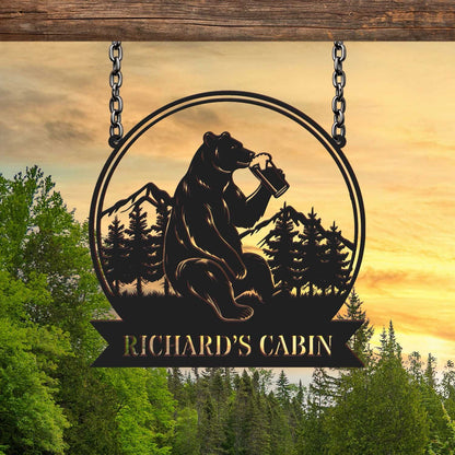 Custom Bear Beer Cabin Metal Sign, Bear Drinking Beer Sign, Cabin Decor, Lodge Decor, Outdoor Sign, Bear Decor, Gift for Dad, Man Cave Sign