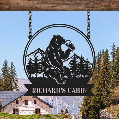 Custom Bear Beer Cabin Metal Sign, Bear Drinking Beer Sign, Cabin Decor, Lodge Decor, Outdoor Sign, Bear Decor, Gift for Dad, Man Cave Sign