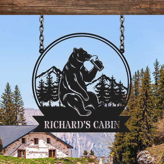 Custom Bear Beer Cabin Metal Sign, Bear Drinking Beer Sign, Cabin Decor, Lodge Decor, Outdoor Sign, Bear Decor, Gift for Dad, Man Cave Sign