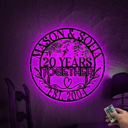20th Anniversary Metal Sign with LED Lights, Personalized Wedding Gift