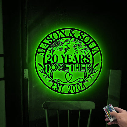 20th Anniversary Metal Sign with LED Lights, Personalized Wedding Gift