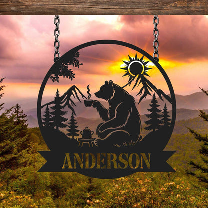 Metal Bear Cabin Sign Personalized, Bear & Coffee Sign, Cabin Decor, Lodge Decor, Outdoor Sign, Bear Decor, Gift for Dad, Man Cave Sign