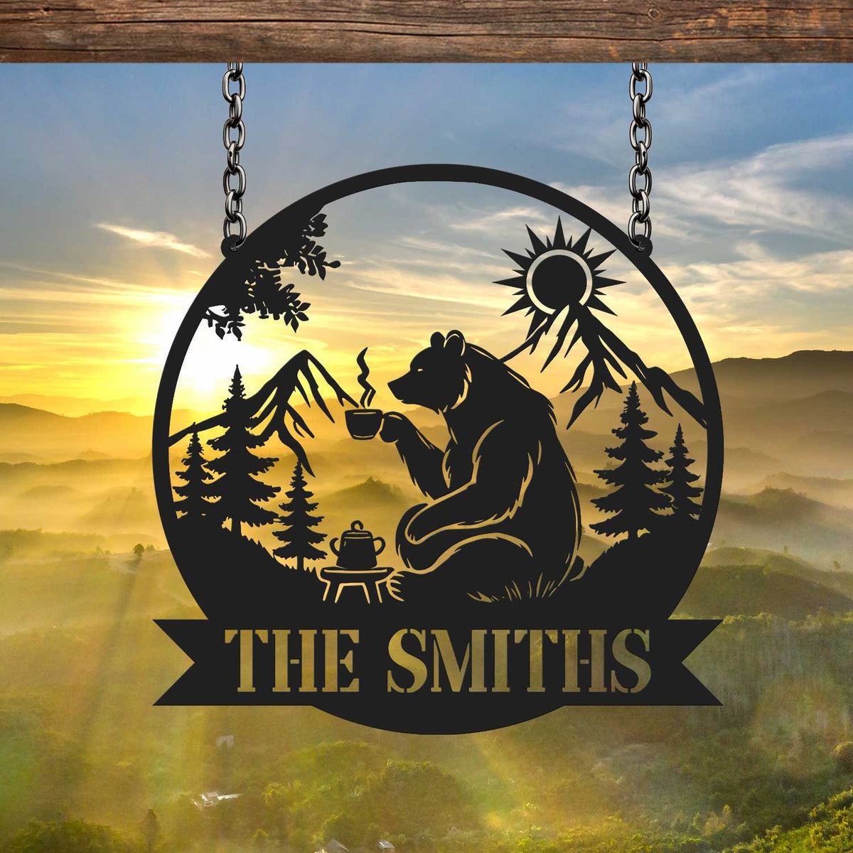 Metal Bear Cabin Sign Personalized, Bear & Coffee Sign, Cabin Decor, Lodge Decor, Outdoor Sign, Bear Decor, Gift for Dad, Man Cave Sign