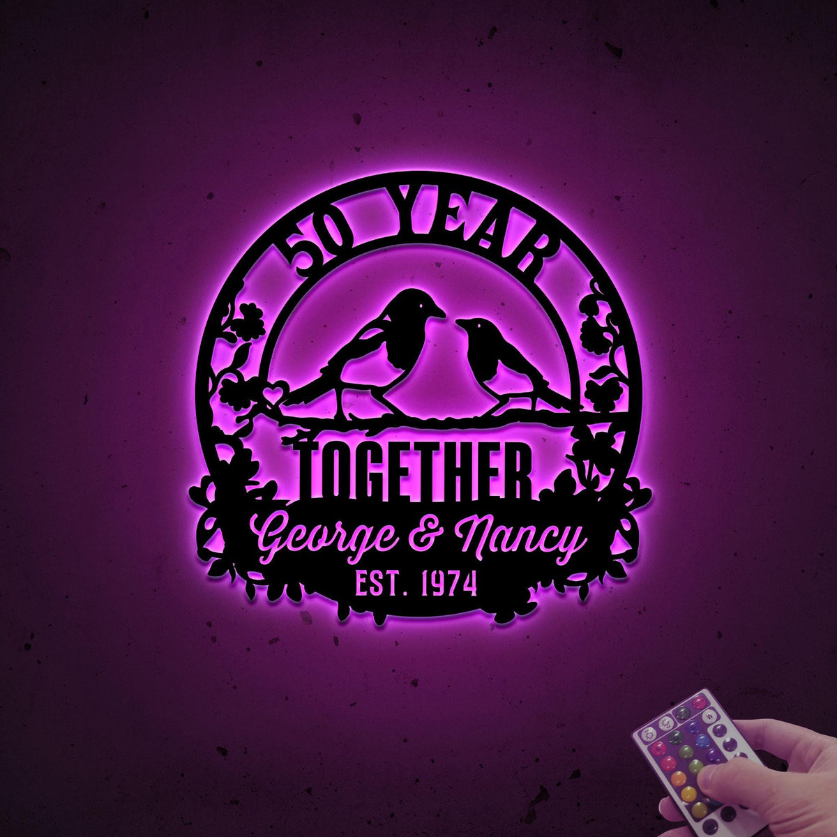 50th Anniversary Metal Sign with LED Lights, Personalized Doves Wall Art