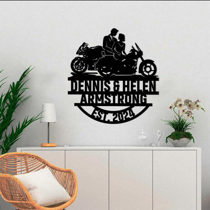 Motorcycle Wedding Metal Sign with LED Lights, Personalized Family Name Gift