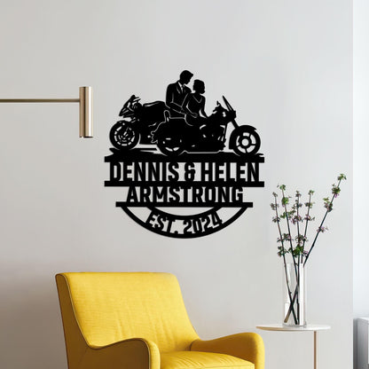 Motorcycle Wedding Metal Sign with LED Lights, Personalized Family Name Gift