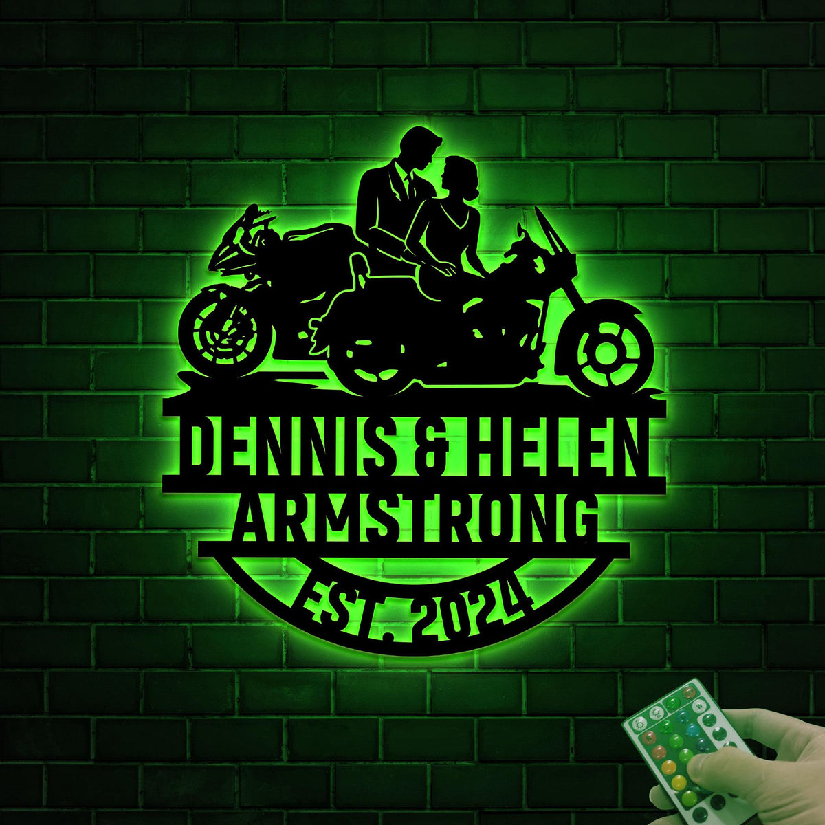 Motorcycle Wedding Metal Sign with LED Lights, Personalized Family Name Gift