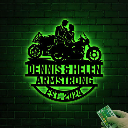 Motorcycle Wedding Metal Sign with LED Lights, Personalized Family Name Gift