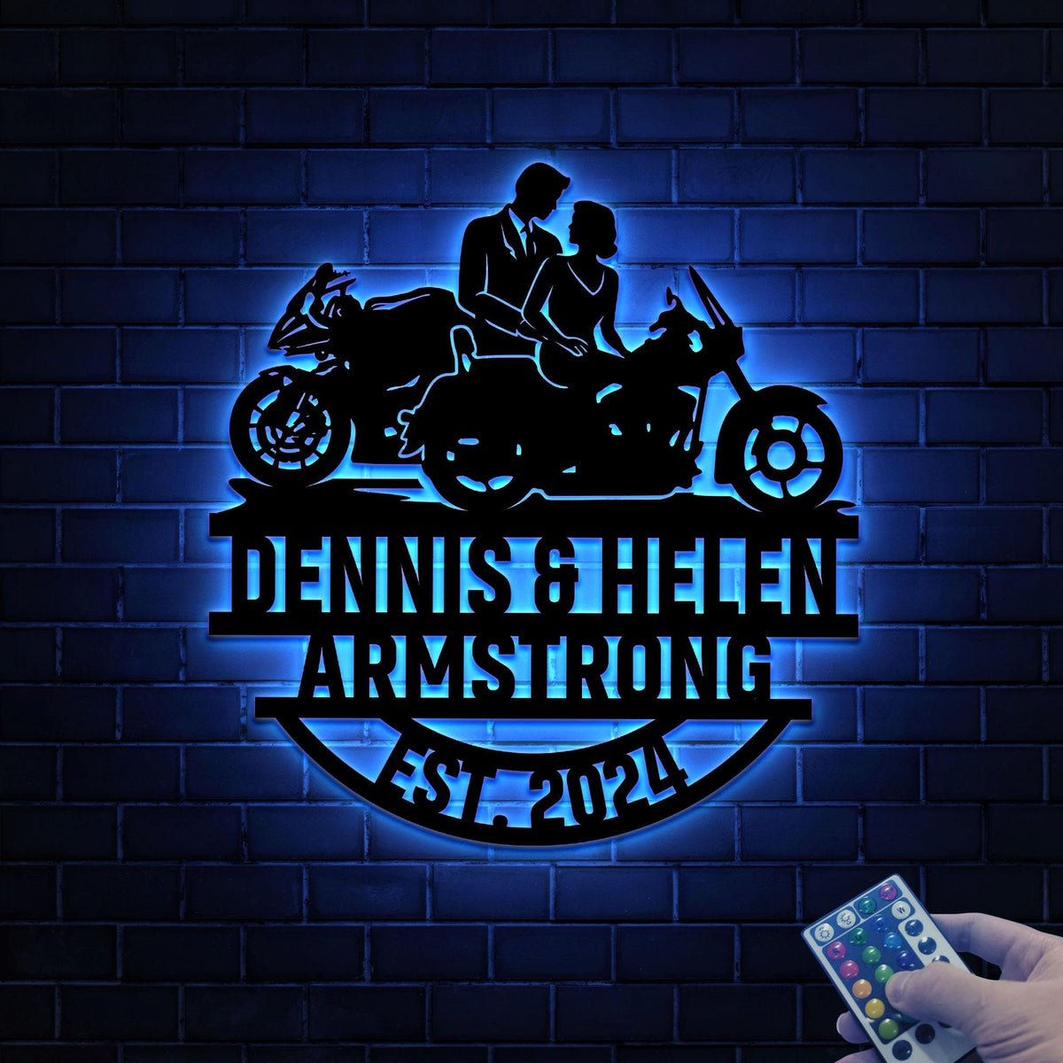 Motorcycle Wedding Metal Sign with LED Lights, Personalized Family Name Gift