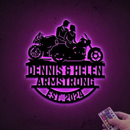 Motorcycle Wedding Metal Sign with LED Lights, Personalized Family Name Gift