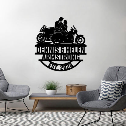 Motorcycle Wedding Metal Sign with LED Lights, Personalized Family Name Gift