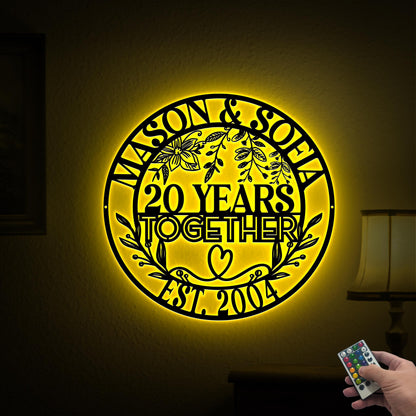 20th Anniversary Metal Sign with LED Lights, Personalized Wedding Gift