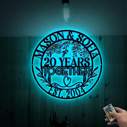 20th Anniversary Metal Sign with LED Lights, Personalized Wedding Gift
