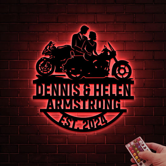 Motorcycle Wedding Metal Sign with LED Lights, Personalized Family Name Gift