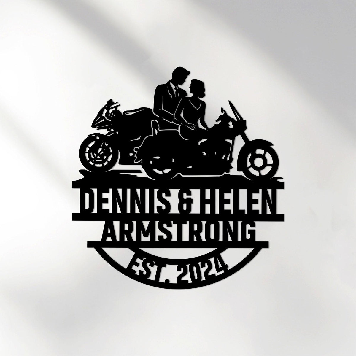 Motorcycle Wedding Metal Sign with LED Lights, Personalized Family Name Gift