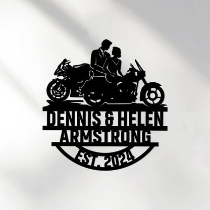 Motorcycle Wedding Metal Sign with LED Lights, Personalized Family Name Gift