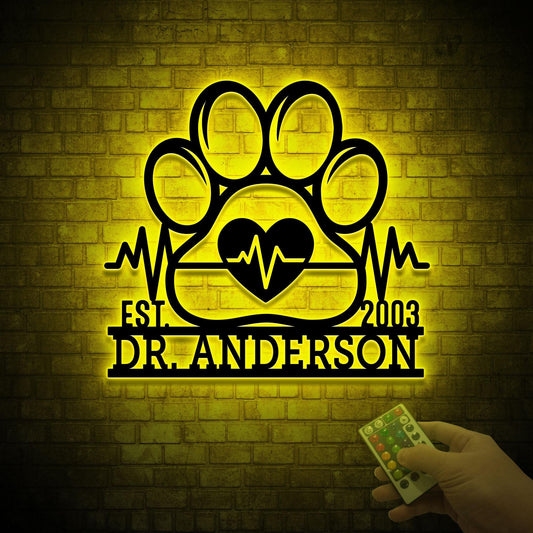 Custom Veterinary Metal Paw Sign, Personalized LED Light Decor