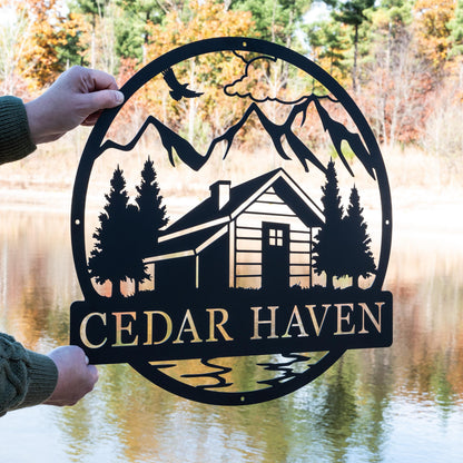 Personalized Cabin Name Sign | Outdoor Metal Cabin Sign | Hunting Gift Metal Mountain Wall Art Fathers Day Gift for Dad Housewarming Cottage