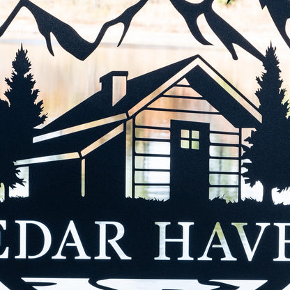 Personalized Cabin Name Sign | Outdoor Metal Cabin Sign | Hunting Gift Metal Mountain Wall Art Fathers Day Gift for Dad Housewarming Cottage