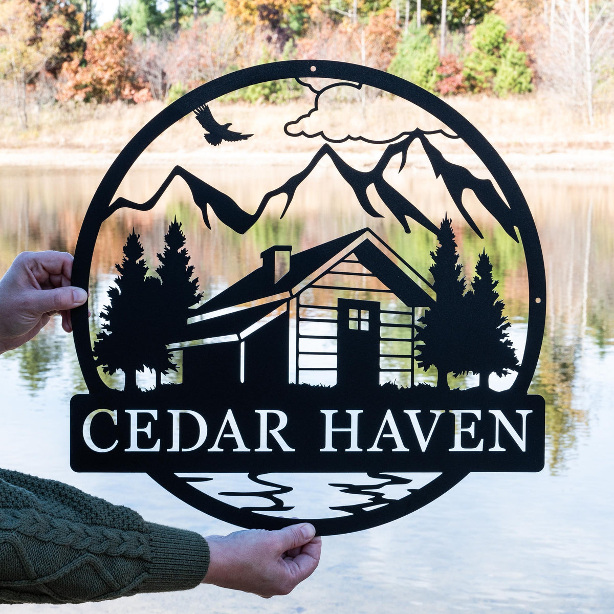 Personalized Cabin Name Sign | Outdoor Metal Cabin Sign | Hunting Gift Metal Mountain Wall Art Fathers Day Gift for Dad Housewarming Cottage