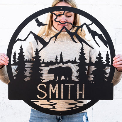 Bear Cabin Sign | Personalized Metal Bear Sign | Cabin Decor | Outdoor Bear Decor | Rustic Cabin Bear Sign | Door Monogram | Rustic Decor